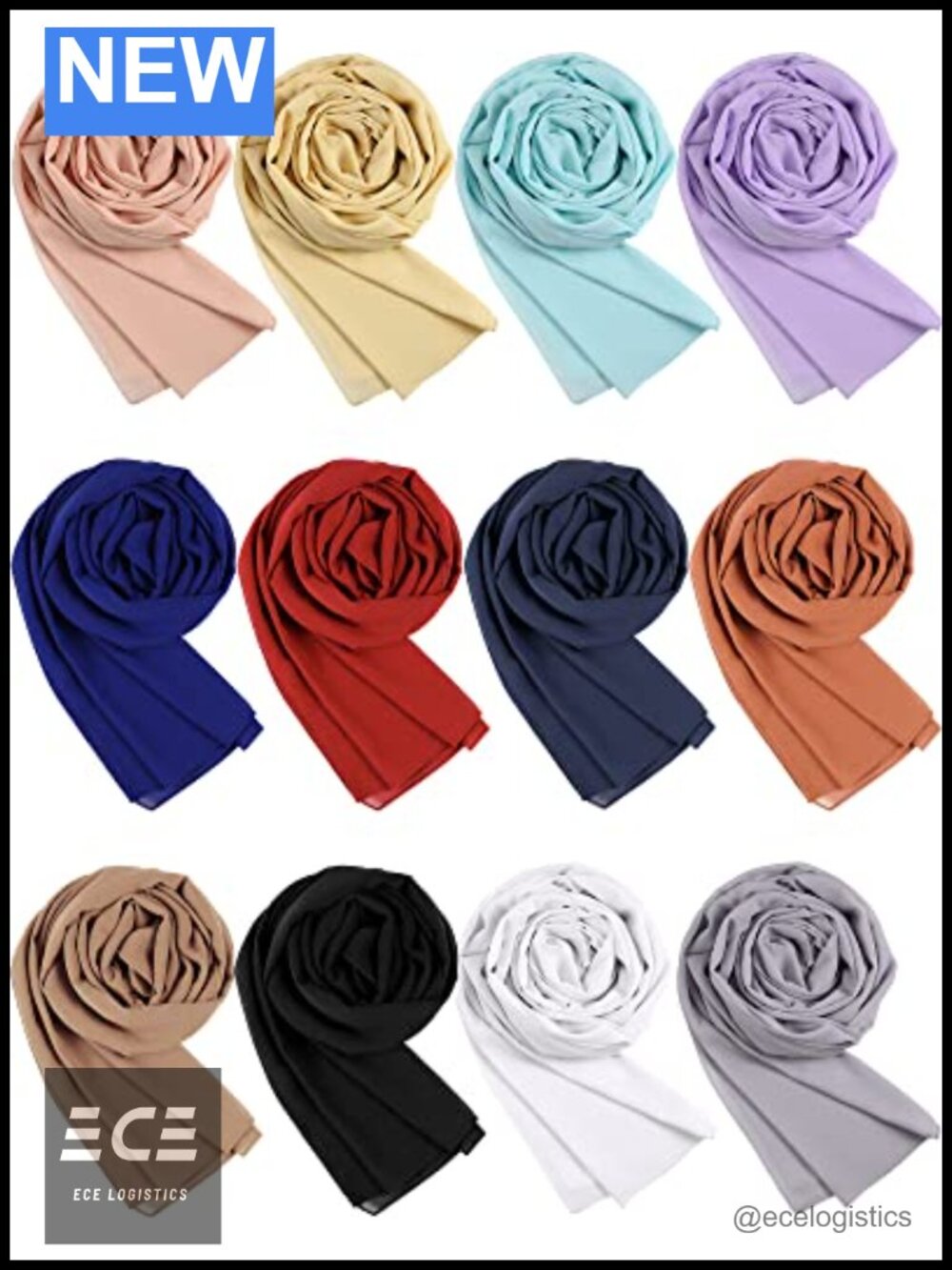 Chiffon Hijab Head Scarves Set - 12 Pack Lightweight Breathable Head Wraps